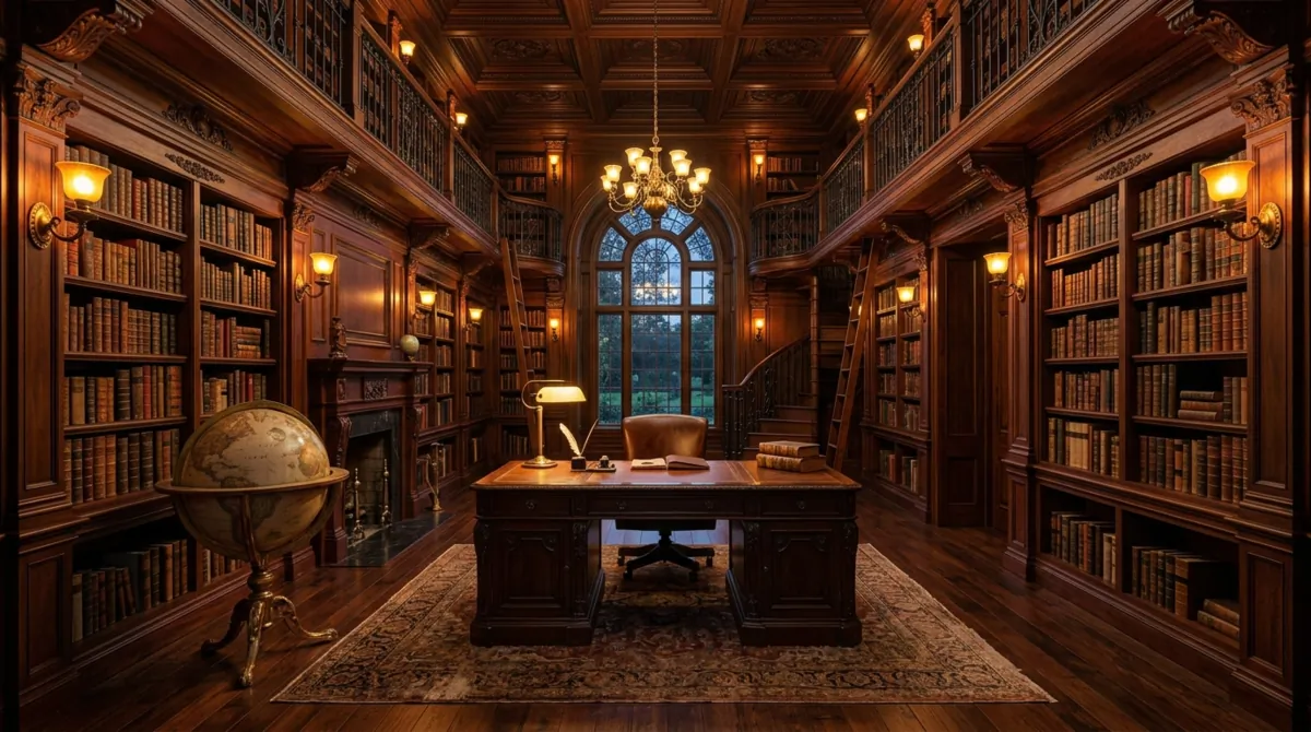 Traditional home library with dark mahogany paneling, antique desk, globe, and amber wall sconces.